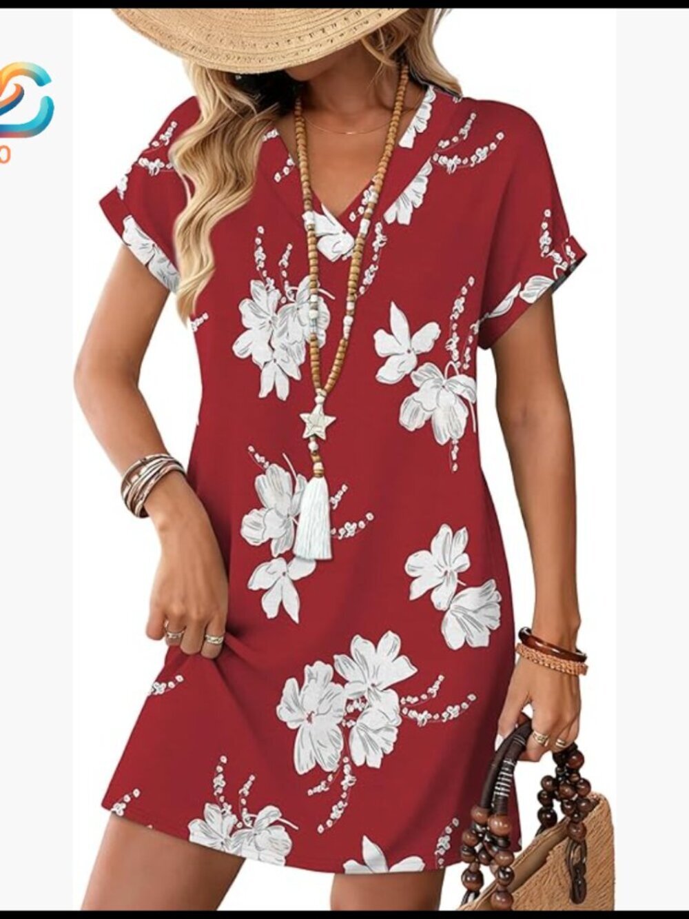 Casual Tshirt Dress Short Sleeve V-Neck Side Pockets Wedding Guest Beach